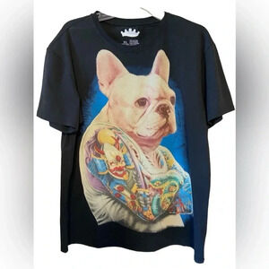 A black T-shirt with a tattooed white French bulldog.
